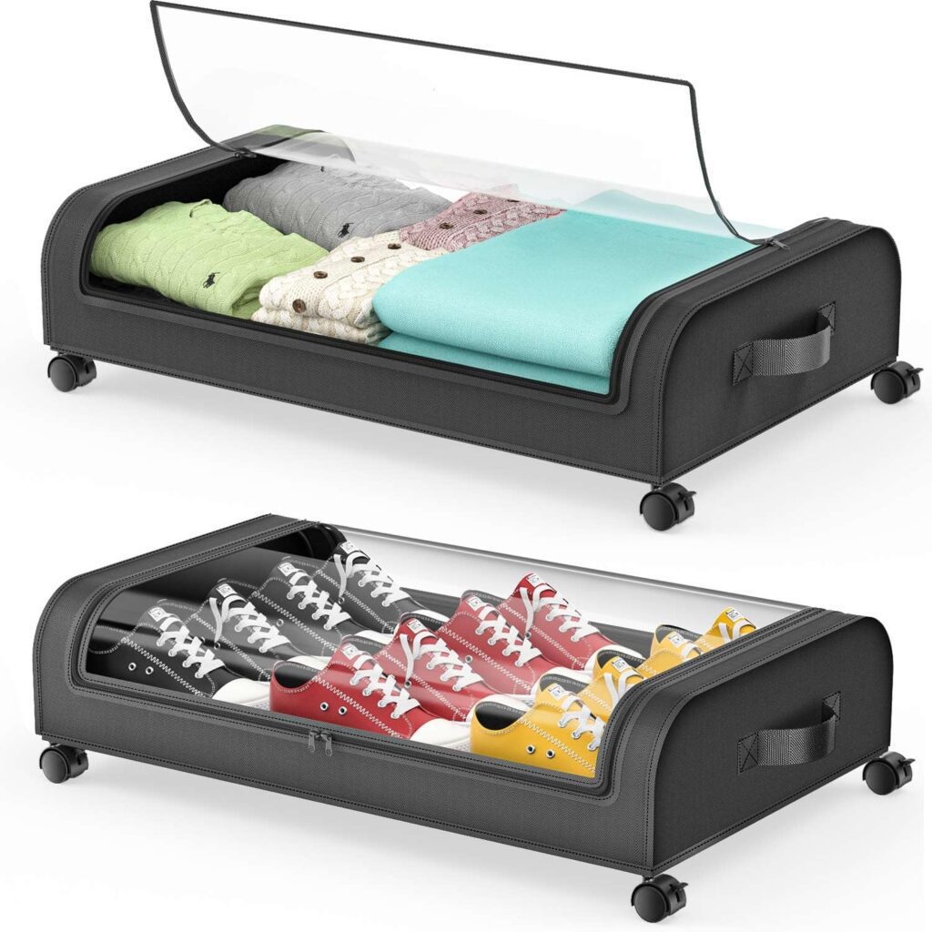 Under Bed Storage with Wheels and Lids, Rolling Underbed Storage Containers (2 Pack Black)