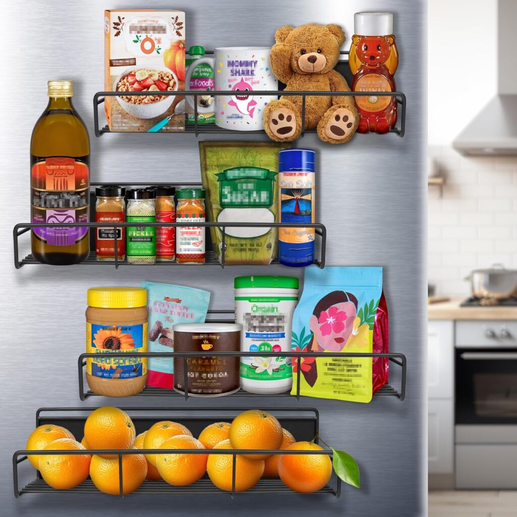 Magnetic Spice Rack for Refrigerator with Shelves, Clips & Hooks