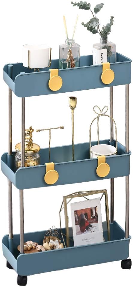 Melody House 3-Tier Slim Mobile Shelving Unit on Wheels (Navy Blue)