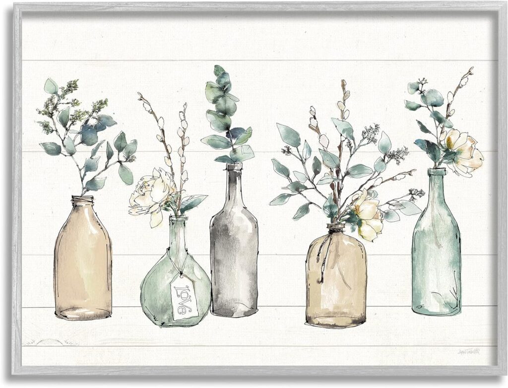 Stupell Industries Bottles and Plants Wall Art by Anne Tavoletti (11 x 14, Grey Framed)