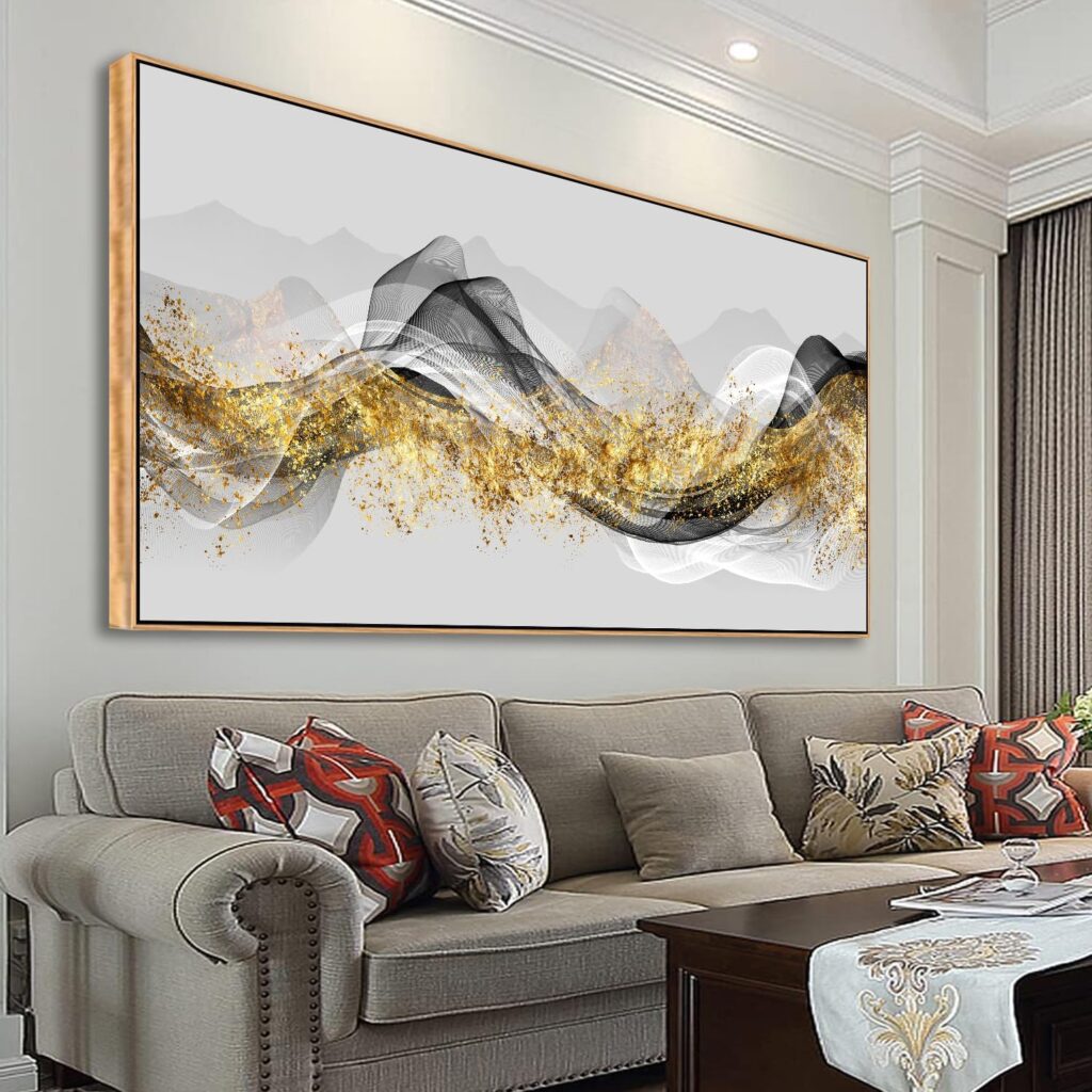 Wall Art Modern Abstract Gold Ink Landscape Canvas Print (24x48inch, Framed)